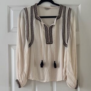 Lucky Brand Ivory Peasant Tunic with Dark Brown Embroidery